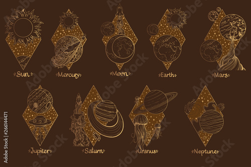 Planets of the solar system illustration. Planets and satellites. Astronomy.