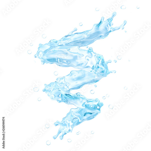Fresh pure water swirl splash. Clean transparent water liquid wave in spiral  form isolated on white.  Healthy drink fluid splash  hydration or saving water ecology concept. 3D render