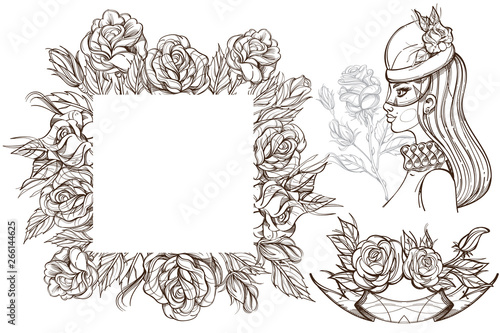 Botanical graphics. Roses and a woman. A set of illustrations with buds, blossoming flowers and leaves.