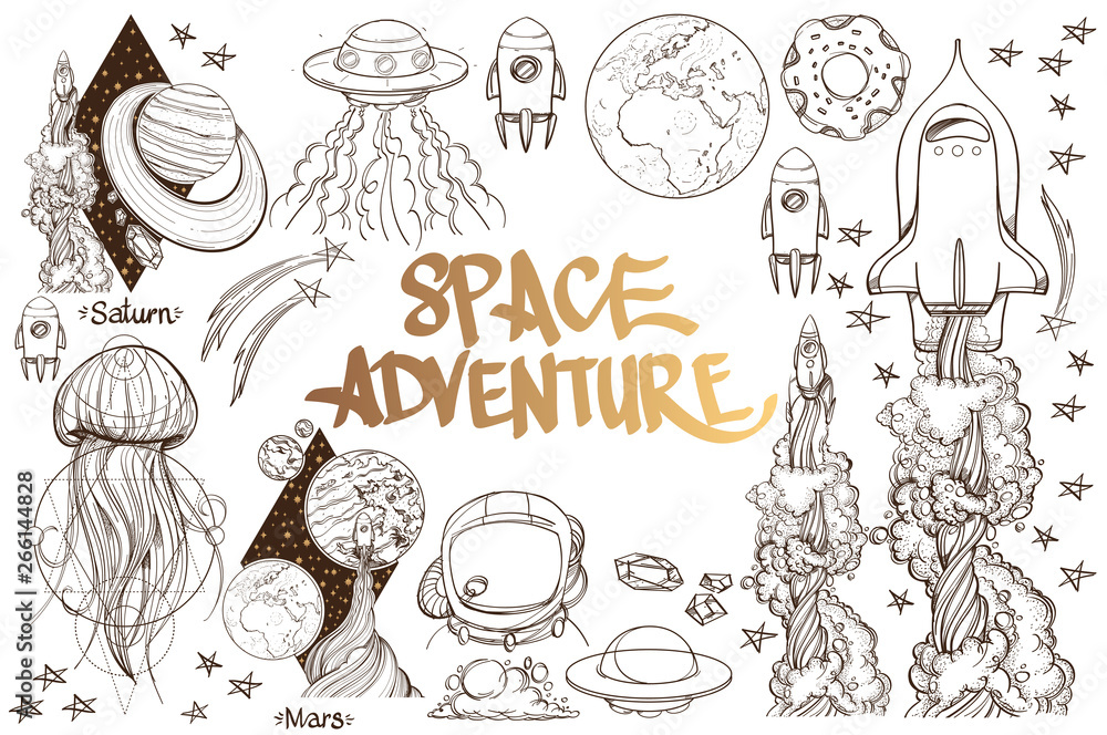 Set of black and white illustration on space theme. Space ship, planet, jellyfish.