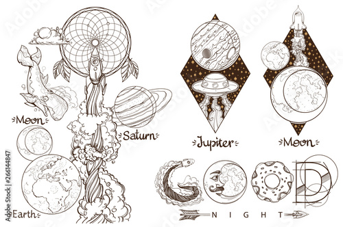Space. Beautiful inscription: Good night. A set of outline illustrations with sketches of tattoos.