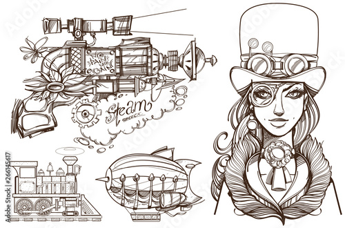 A woman in an old hat and a steampunk gun. Templates for creating business cards, posters, advertising pages.