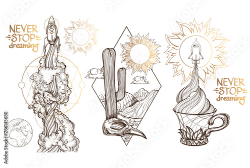A sketch for the painting with the spacecraft and mug of coffee, tea or hot chocolate. Surrealistic illustration on the space theme design for t-shirts and various items and gifts.