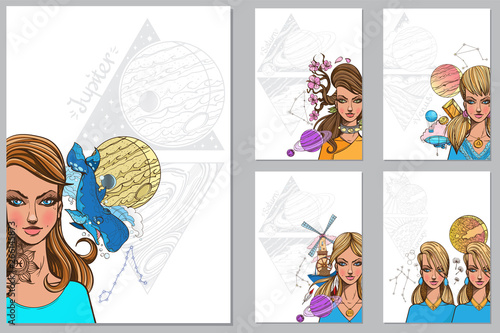 Zodiac signs. A set of templates with beautiful women for the creation of posters, booklets, covers.