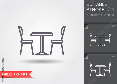 Table and chairs. Line icon with editable stroke with shadow