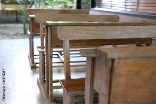 old table   chair in classroom. back to school