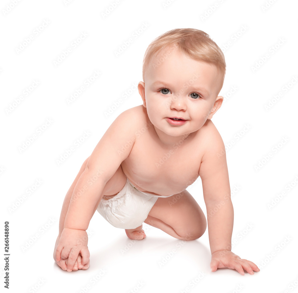 Cute little baby crawling on white background Cute little baby crawling on white background