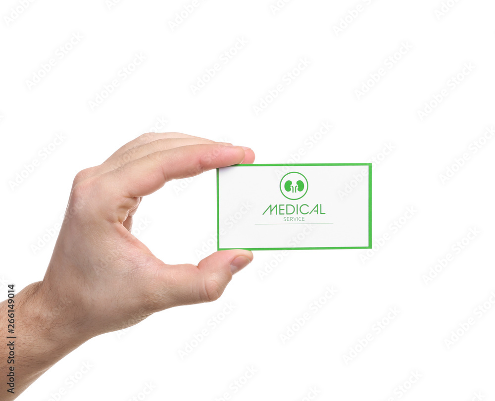 Man holding medical business card isolated on white, closeup. Nephrology service