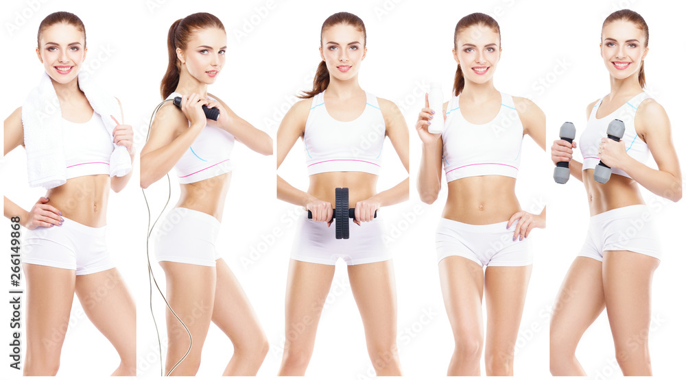 Beautiful and fit woman in a fitness workout. Isolated collage. Sport, nutrition, health and weight loss concept. Beautiful and fit woman in a fitness workout. Isolated collage. Sport, nutrition, health and weight loss concept.