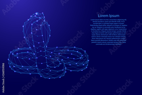 Cobra in a rack with the parted ribs in the form of a hood from futuristic polygonal blue lines and glowing stars for banner, poster, greeting card. Vector illustration.