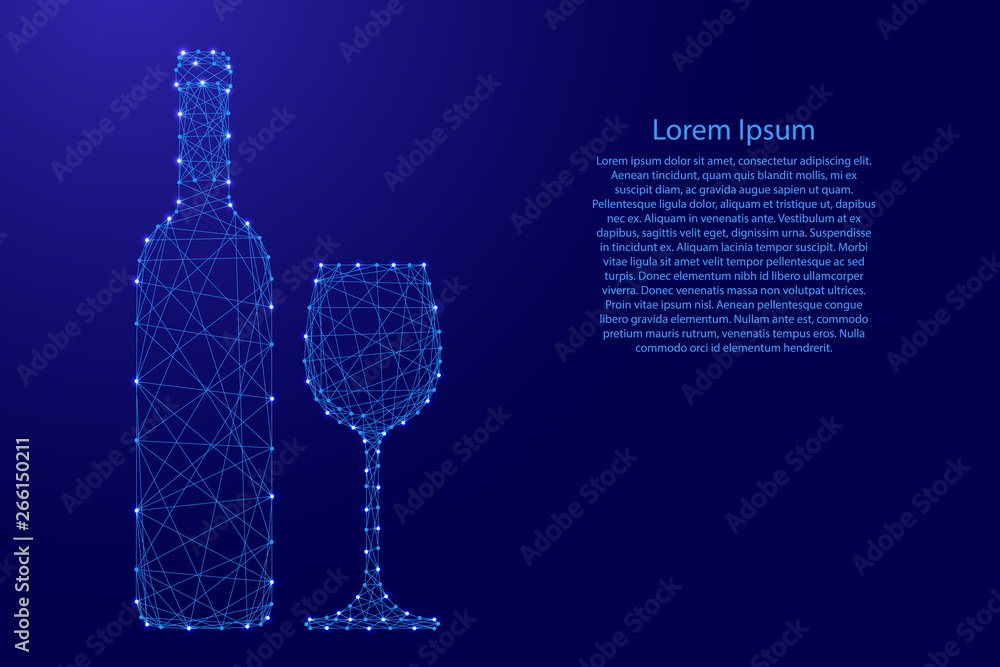 Φωτογραφία Wine bottle and glass from futuristic polygonal blue lines and glowing stars for banner, poster, greeting card