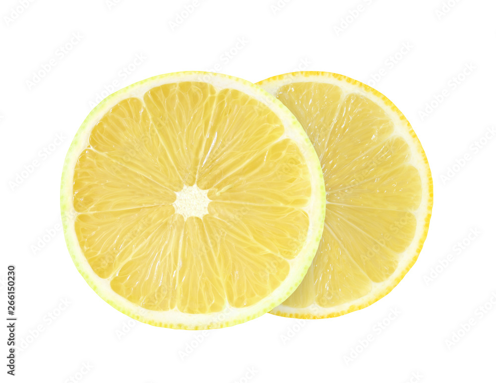 Lemon cut into two round pieces isolated on white background with clipping path. Lemon cut into two round pieces isolated on white background with clipping path.