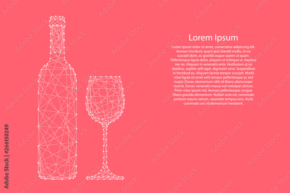 Φωτογραφία Wine bottle and glass from abstract futuristic polygonal white lines and dots on pink rose color coral background for banner, poster, greeting card