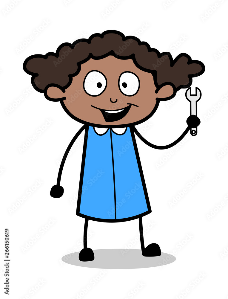 Showing a Wrench Tool - Retro Black Office Girl Cartoon Vector Illustration Showing a Wrench Tool - Retro Black Office Girl Cartoon Vector Illustration