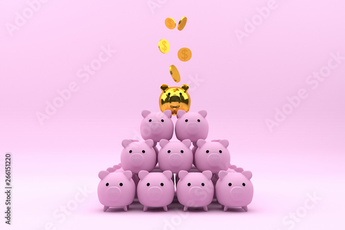 piggy bank stand in layer and golden piggy on top with gold coin, 3d rendering