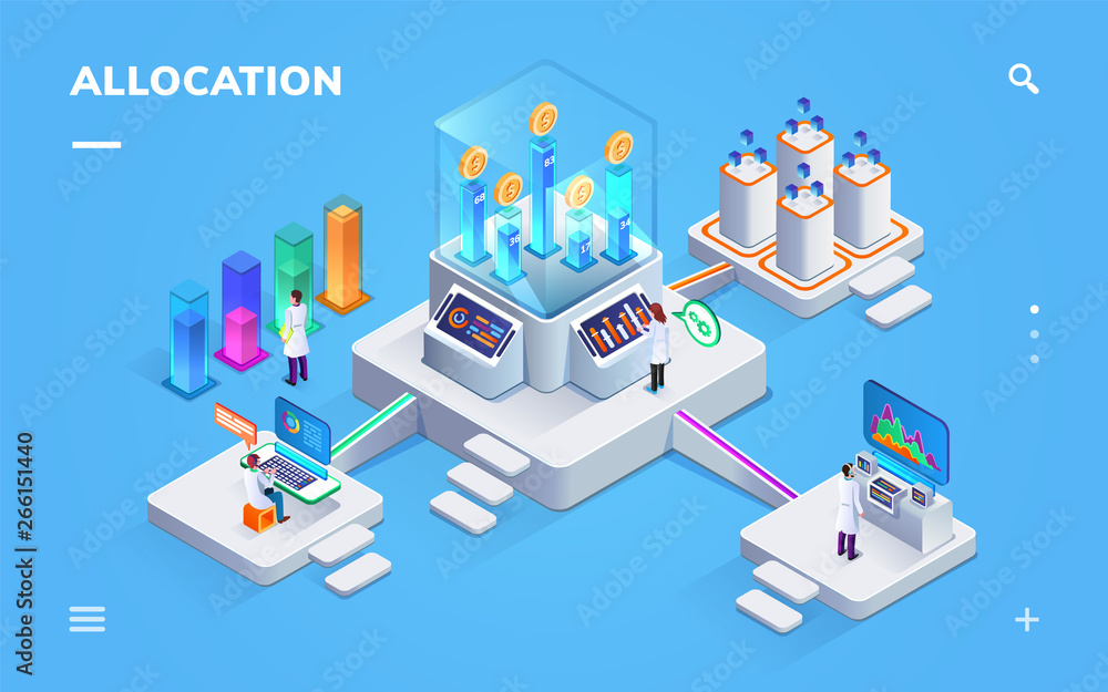 Banking exchange rate or payment distribution banner. Isometric sign for money allocation. Computer analytics for currency or gold ballance, fund rate. Federal reserve bank and inflation, invest theme Banking exchange rate or payment distribution banner. Isometric sign for money allocation. Computer analytics for currency or gold ballance, fund rate. Federal reserve bank and inflation, invest theme