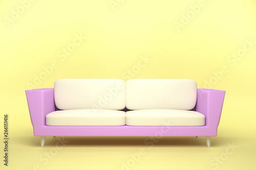 Pink and White Leather sofa design in yellow background, 3D rendering illustration