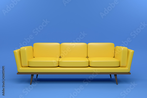yellow Leather sofa design in blue background, 3D rendering illustration. © Thanit_Studio