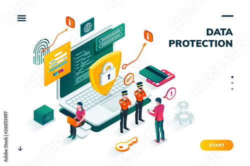 Isometric banner with notebook and policeman, shield in front of man entering password on smartphone. Cyber security, protection and privacy, internet safety and credit card steal, carder theme