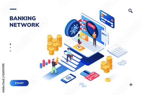 Bank vault with people queue. Isometric view on financial building with guard. Landing page for banking website or safety, secure technology for investor. Customer login for transaction service.