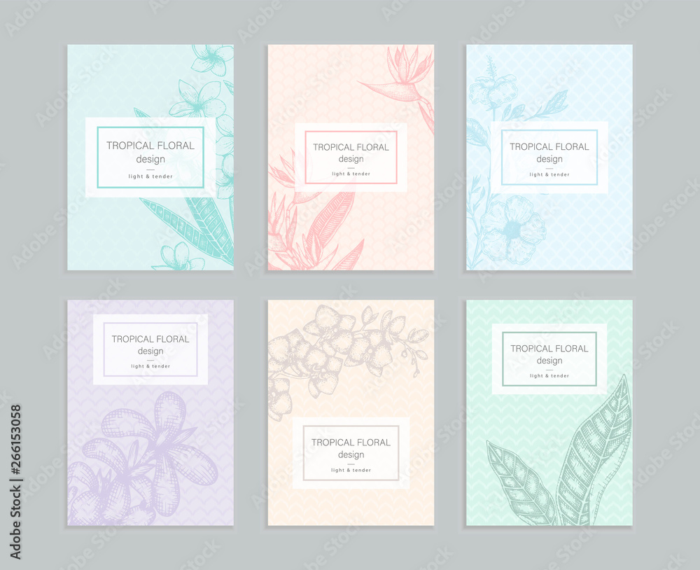 Fototapeta premium Tropical floral templates with hand drawn bunches of plumeria, canna, aloe, bougainvillea, hibiscus, protea, orchid, strelitzia. Perfect for romantic design, greeting cards, posters