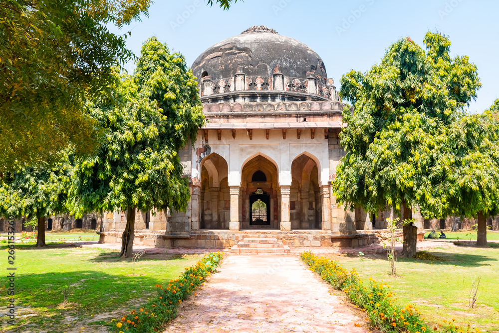 Beautuful Lodhi Garden with flowers, greenhouse, tombs and other sights, New Delhi, India