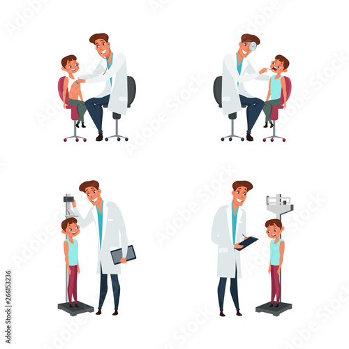 Kid and pediatrician flat illustrations set