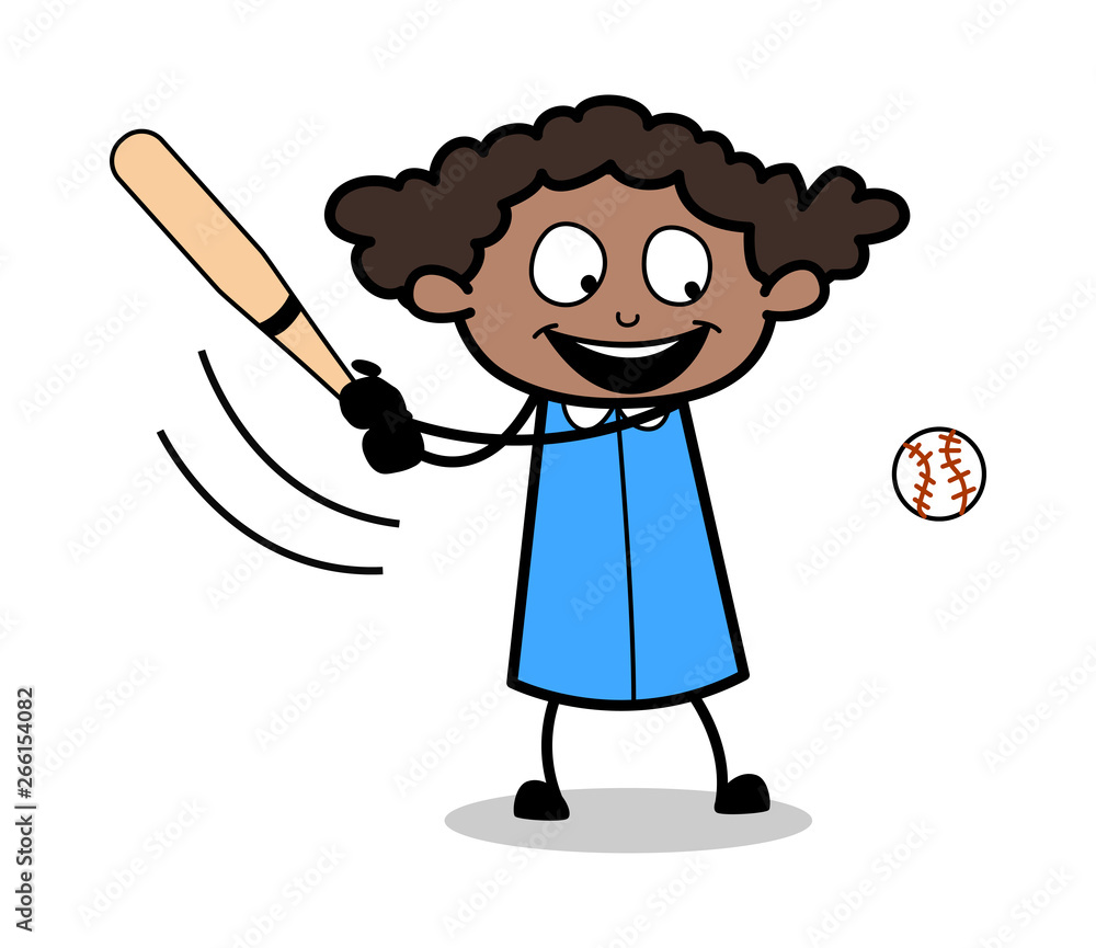 Playing Baseball - Retro Black Office Girl Cartoon Vector Illustration