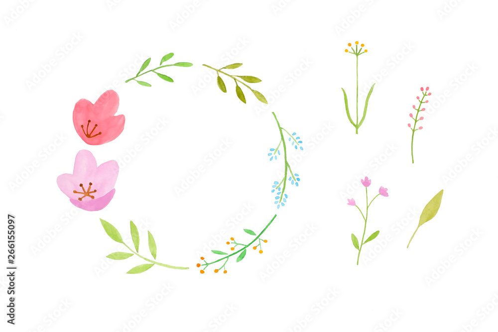 Watercolor illustration art design, Set of colorful flowers wreath in watercolor hand pianting style isolated on white background, pattern element for invitation greeting card