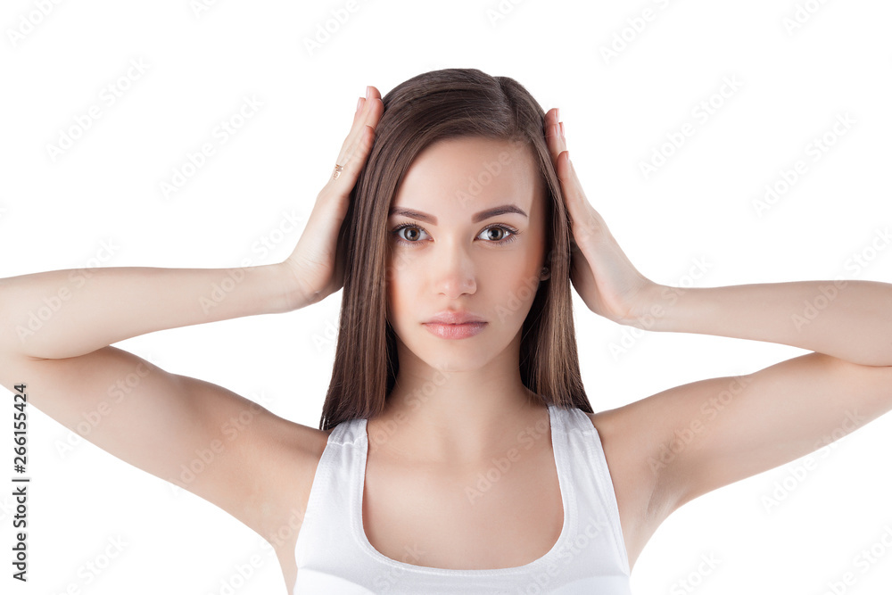 Young attractive woman on isolated white background. Female facial portrait. Closeup portrait of beautiful lady.