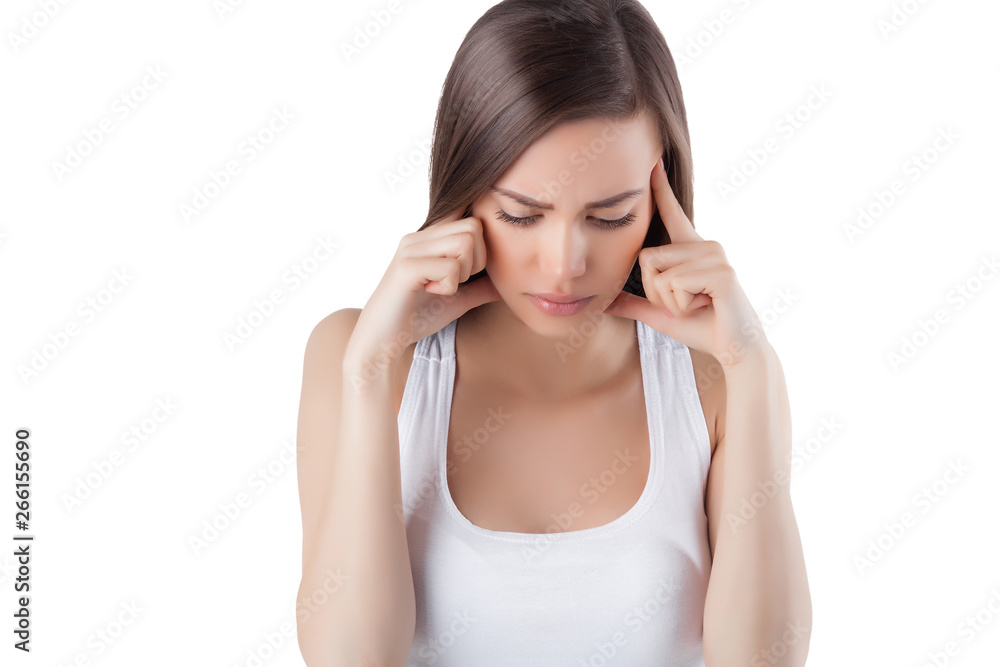 Young woman having a headache. Female suffering from pain. Lady isolated on white. Young woman having a headache. Female suffering from pain. Lady isolated on white.