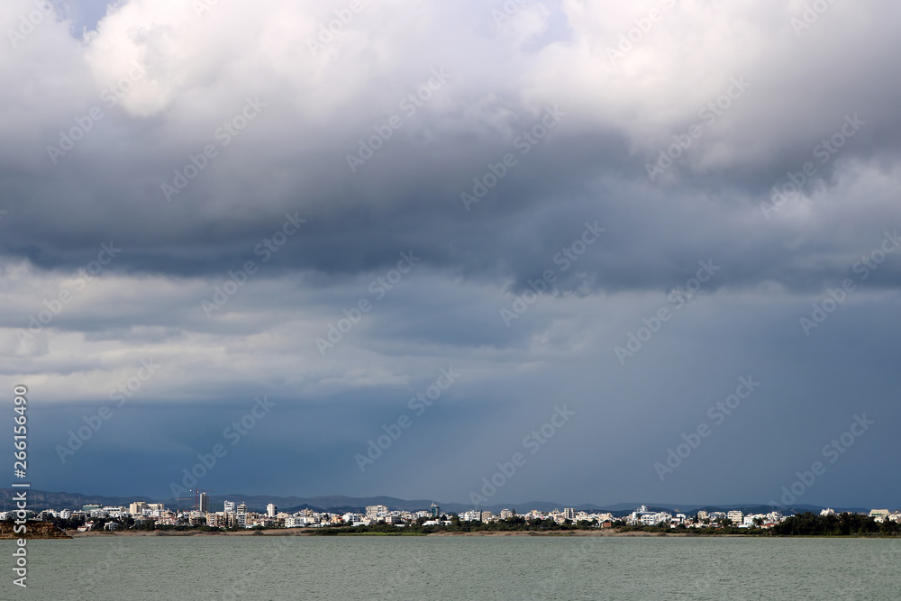 View of salt lake in the rainy weather in Larnaca, Cyprus