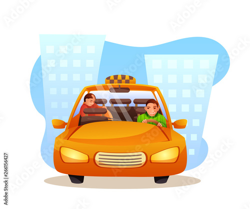 Passenger sleeping in taxi flat illustration