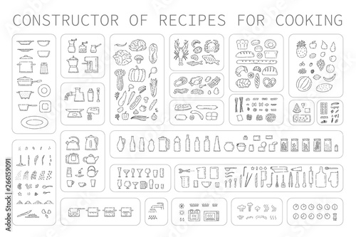 Cooking instruction icons of different food utensils and appliances for kitchen. Step guide constructor set line art vector black white isolated illustration.