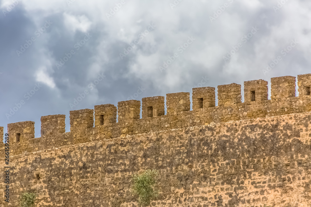 View of the Luso Roman fortress of Óbidos, sky with clouds, in Portugal