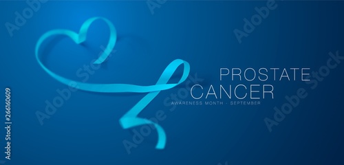 Prostate Cancer Awareness Calligraphy Poster Design. Realistic Light Blue Ribbon. September is Cancer Awareness Month. Vector