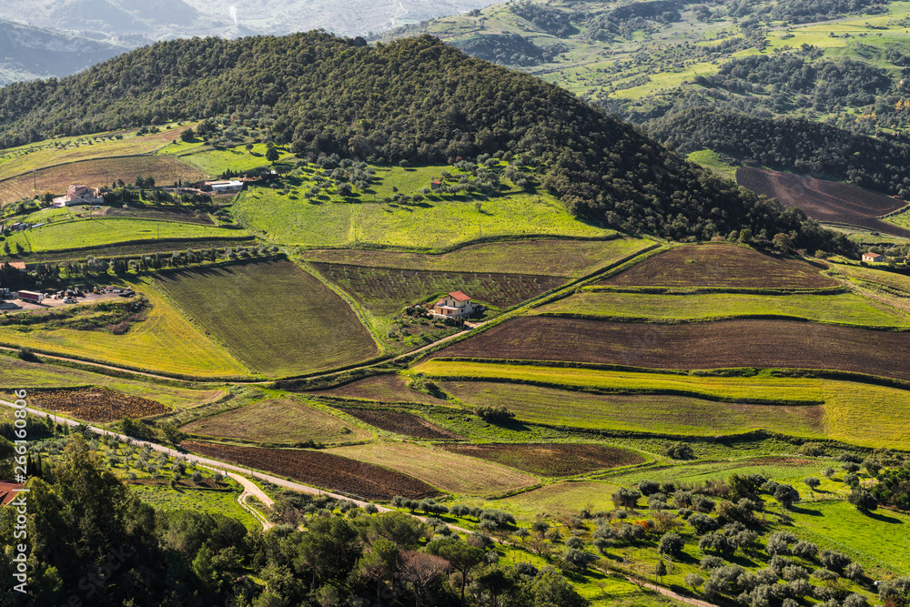 Cultivated fields from above and view over the highlands in Sicily, south Italy