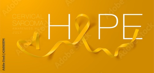 Hope. Sarcoma and Bone Cancer Awareness Calligraphy Poster Design. Realistic Yellow Ribbon. July is Cancer Awareness Month. Vector