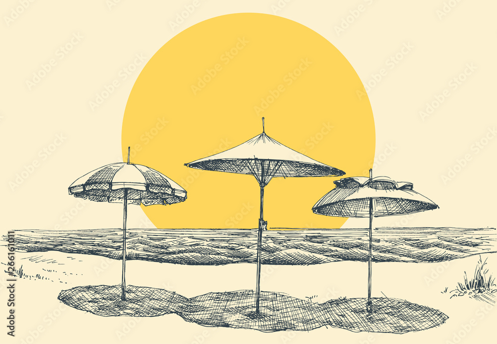 Beach and sea panorama. Umbrellas on the beach by the sea
