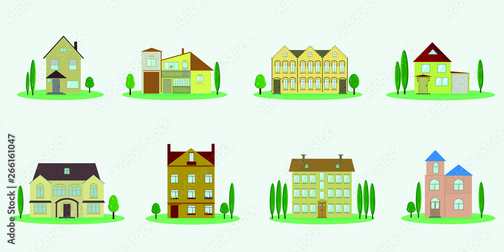 Set of 8 cottage houses. Isolated vector images of cottage houses in flat style