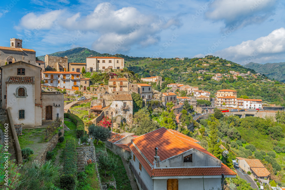 Picturesque landscape with Savoca village in the mountain, province of Messina, Sicily, Italy