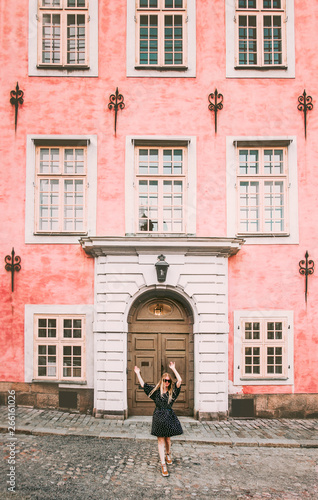 Photography Happy woman walking in Stockholm travel sightseeing architecture landmarks lifes