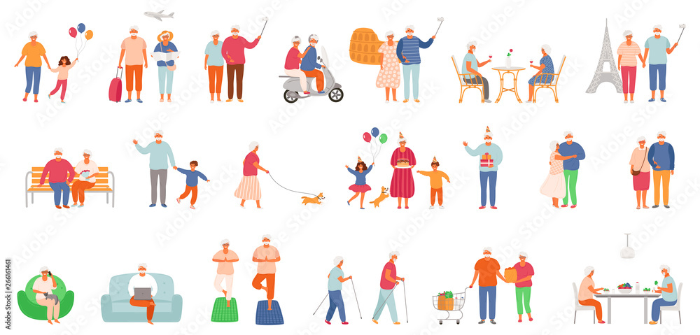 Fototapeta premium Big set of active lifestyle seniors. Elderly people characters. Grandfather and grandmother isolated on white background.