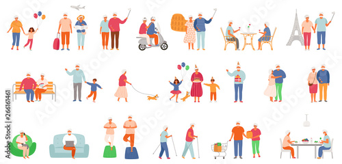 Big set of active lifestyle seniors. Elderly people characters. Grandfather and grandmother isolated on white background.
