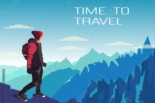 Man stands on a mountain. illustration on the theme of Climbing, Trekking, Hiking, Walking. Sports, outdoor recreation, adventures in nature, vacation. Wanderlust. Downshifting. Retro flat poster.