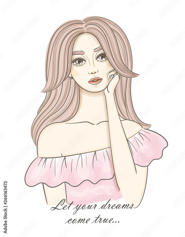 Dreaming girl Concept idea. Beautiful young woman with long wavy hair. Hand drawn sketch with watercolor painting. Dreaming girl Concept idea. Beautiful young woman with long wavy hair. Hand drawn sketch with watercolor painting.