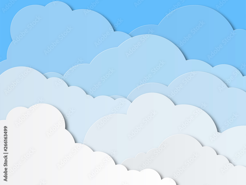 Design with white cumulus clouds in the sky. Paper cut design for cards, invitations, advertisements. Vector illustration