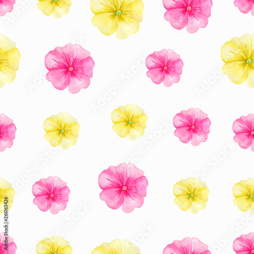 Watercolor hand drawn pink and yellow color flowers pattern. Colorful flowers background.