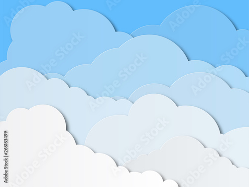 Design with white cumulus clouds in the sky. Paper cut design for cards, invitations, advertisements. Vector illustration