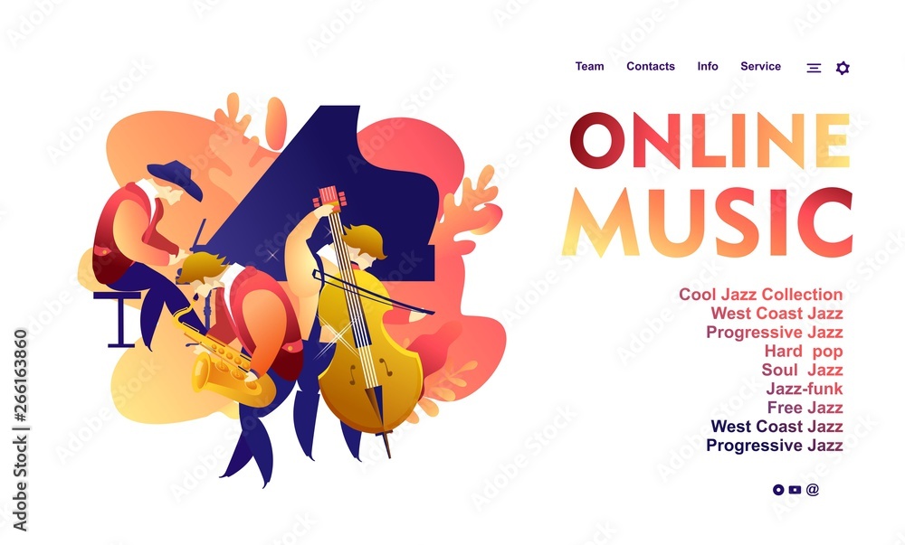 Vector illustration, template for web banner, landing page with live music jazz and blues, radio, for internet users